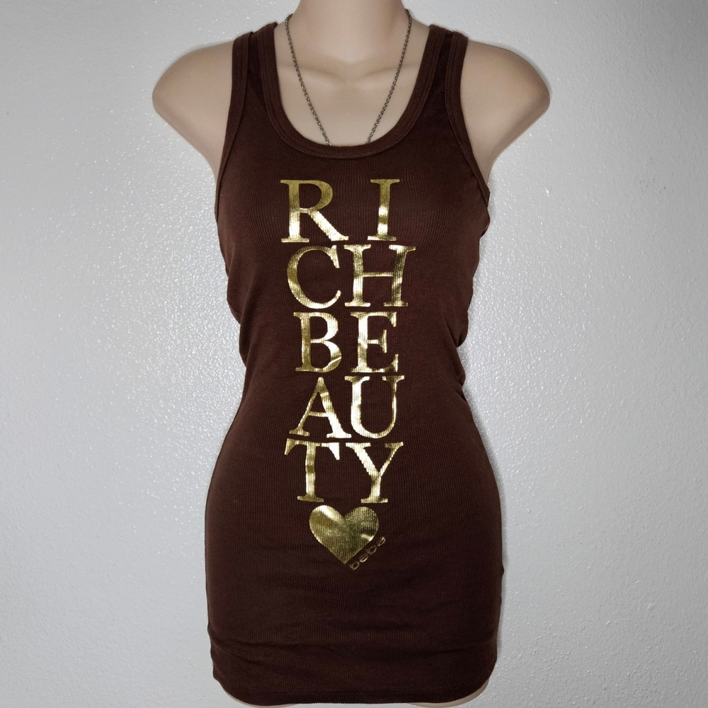 Y2k Bebe Gold Foil Text Brown Tank Top